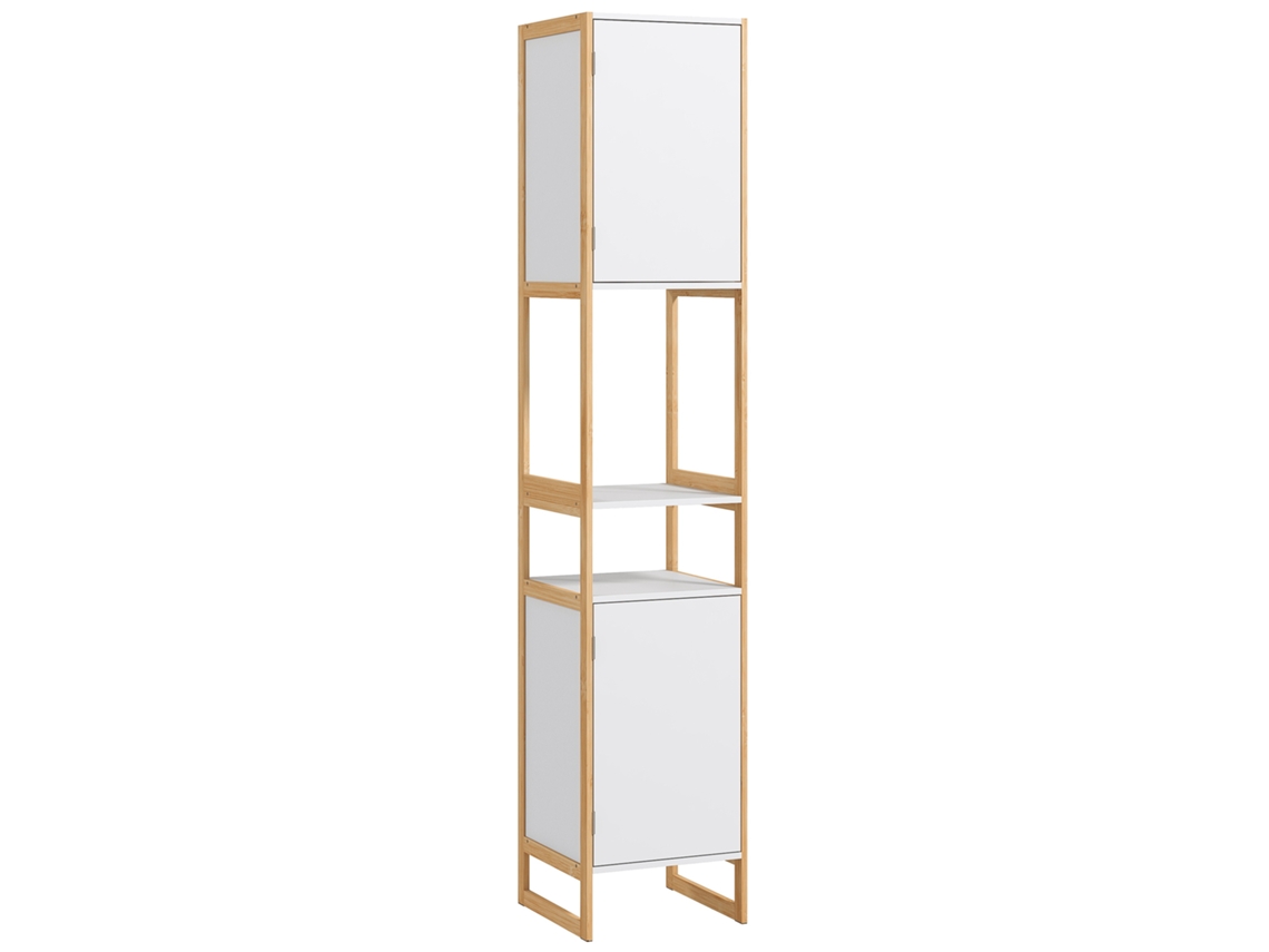 Mueble columna para baño con 2 nichos y 2 estantes ajustables. Bambú y MDF. 33 x 33 x 170 cm. Blanco.