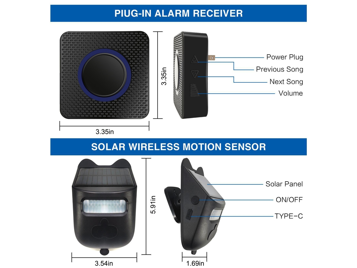 Alarma De Entrada Solar Inalámbrica Con Sensor De Movimiento De 300 Metros (984 Pies), Protección Ip60, Detector De Seguridad Para Exteriores, 1 Sensor, 1 Receptor.