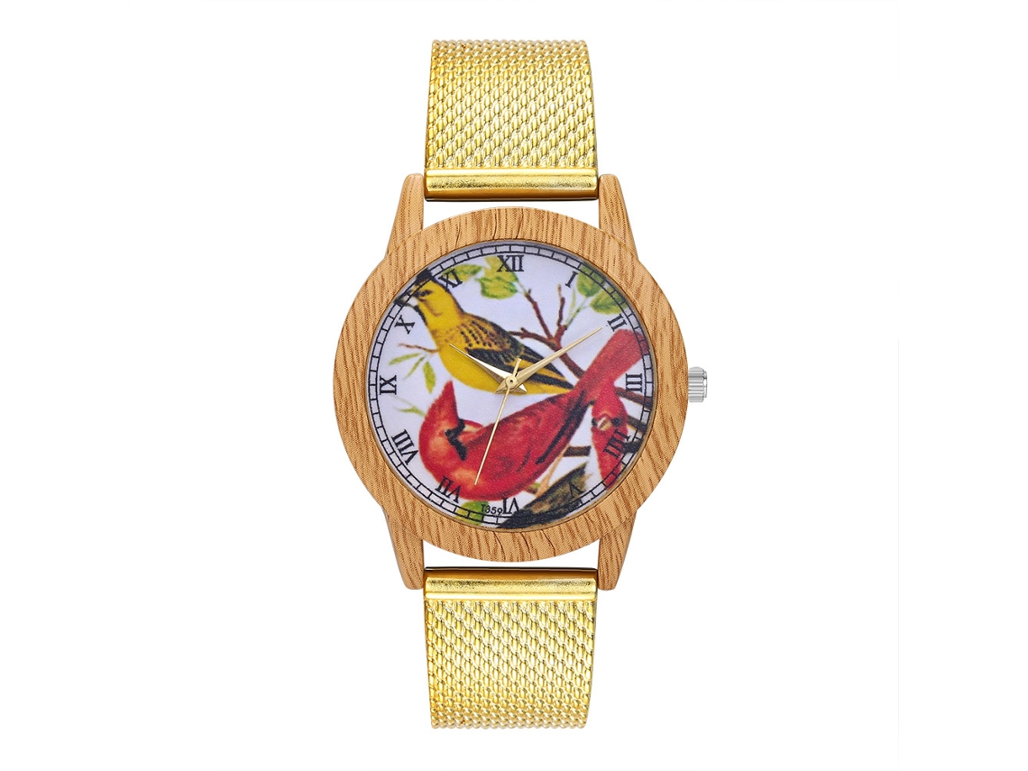 Reloj De Pareja Unisex Zhoulianfa Correa De Acero Dial De Ave Oro Cuarzo