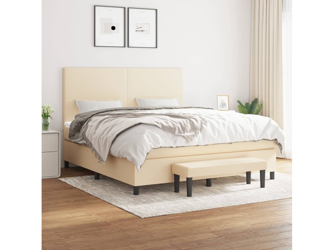 Cama Box Spring Con Colchón Tela Color Crema 160x200 Cm