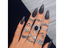 Conjunto De 13 Anillos Vintage Con Elefante Y Piedras Negras, Joyería De Plata.