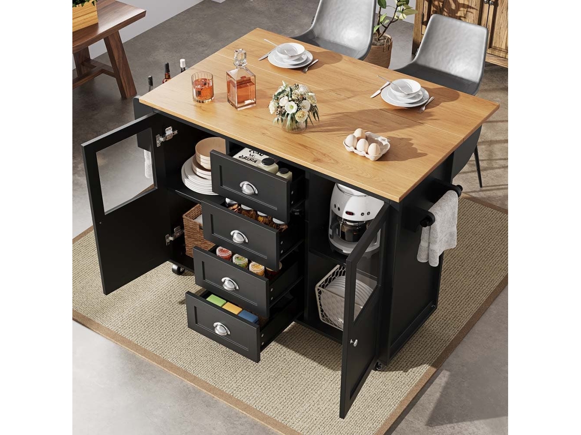 Isla De Cocina 120x73x93cm - Carrito Extraíble Con Ruedas, 2 Puertas, 4 Cajones, Estantes Ajustables, Toallero, Especiero - Negro
