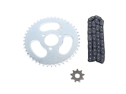 Kit de corrente e pinhão Rebe-kit T8f com 50 elos, pinhão dianteiro de 9 dentes e coroa traseira de 44 dentes com 3 furos para kart e minimotos.