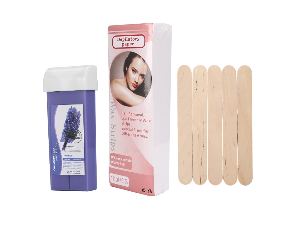 Kit Depilatorio Con Cera 100g, 100 Papeles Depilatorios Y 5 Espátulas De Madera (lavanda)