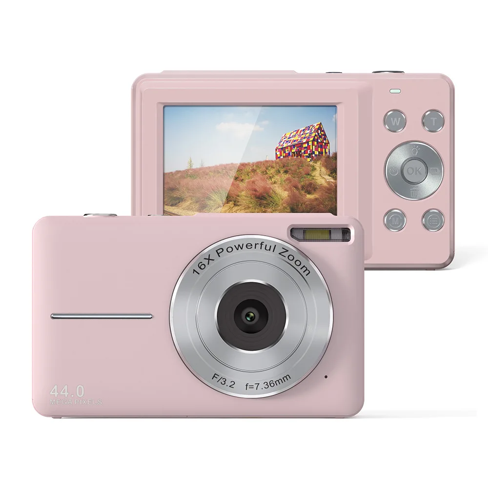 Mini Câmera, 44mp, Zoom de 16x, Tela de 2,4 Polegadas, com Flash, Adequada para Crianças e Iniciantes. MDUG (rosa 16gb)