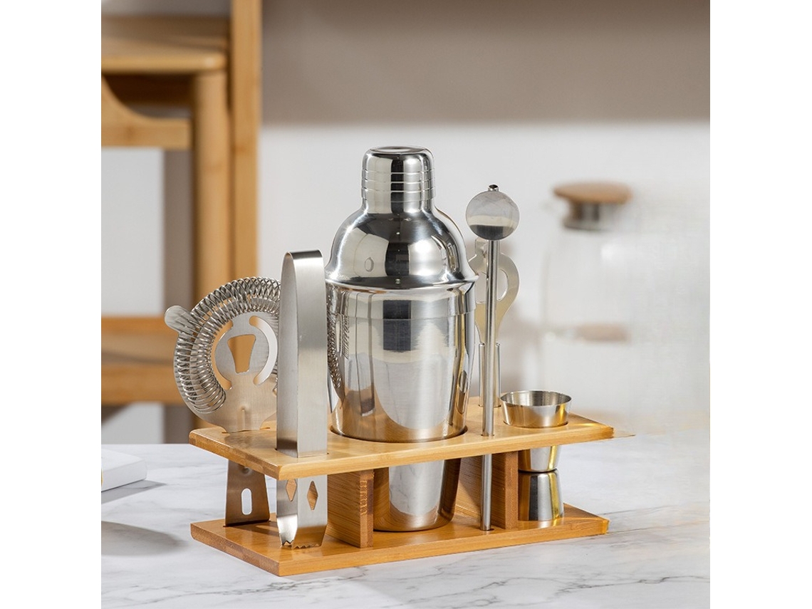 Juego de coctelería premium de 6 piezas de acero inoxidable con soporte de bambú, perfecto para fiestas y para preparar cócteles en casa. DIGITALLAB (750 ml)