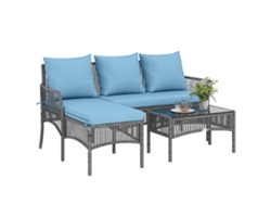 Conjunto De Muebles De Jardín De Ratán Con Sofá Esquinero De 2 Plazas Y Mesa De Cristal Azul.