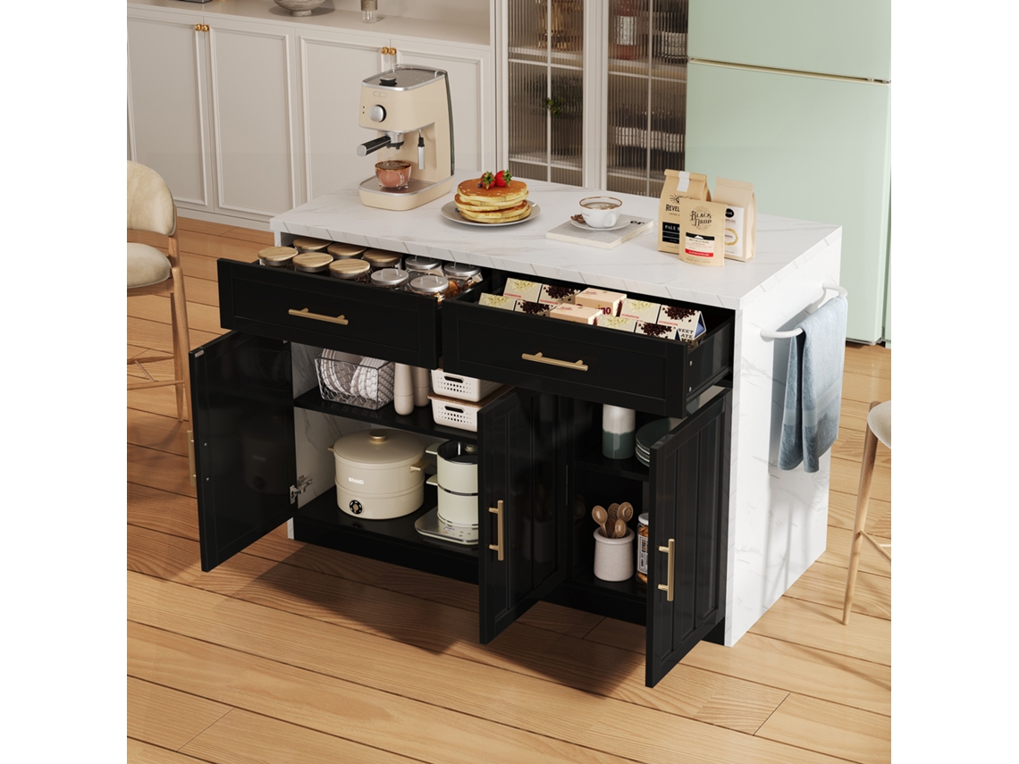 Isla De Cocina De 120x60x91cm Con Tomas Usb, Estantes Ajustables Y Toallero.