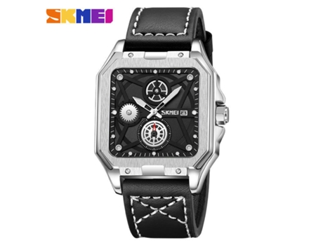 Relojes cuadrados para hombres Reloj de cuero de moda de negocios Relojes de pulsera impermeables-Esfera negra de concha plateada LUUCOZK