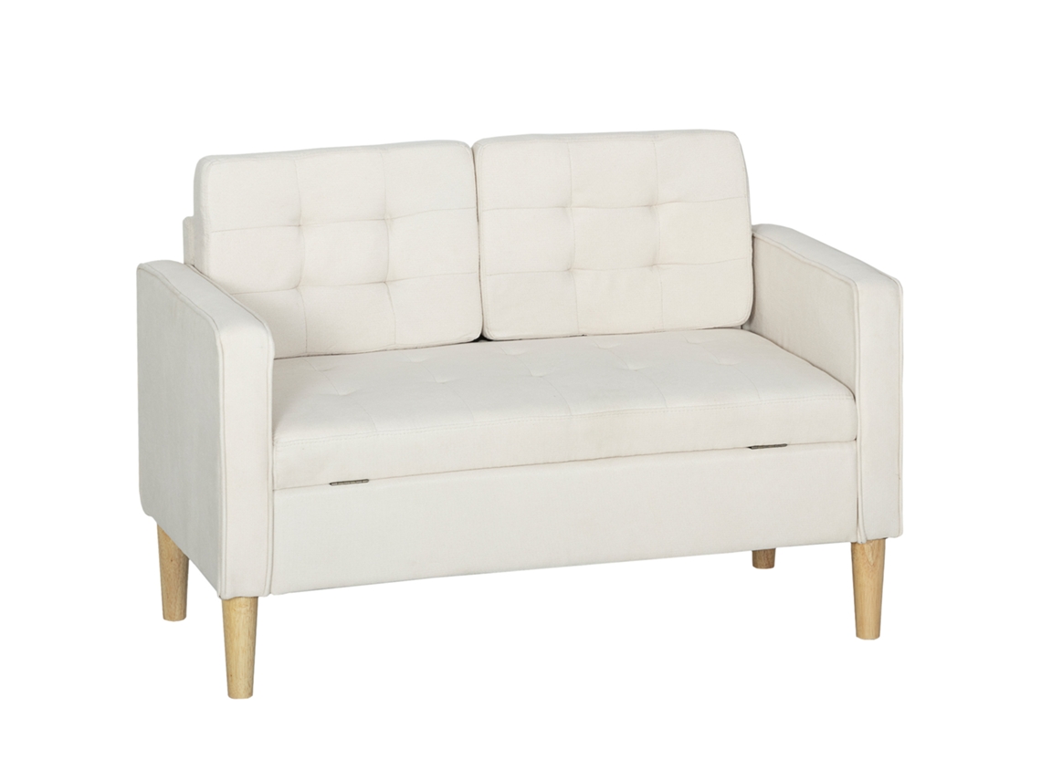 Sillón, Reposabrazos, Capitoné, Cojines, Madera Caucho, 117x62x78cm, Crema