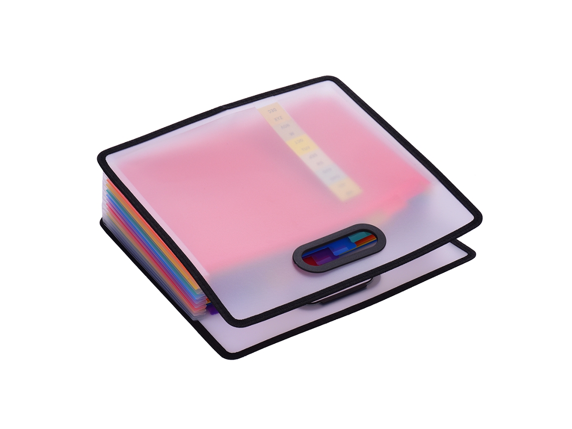 Carpeta de archivo A4 expandible de 12 bolsillos con diseño de arcoíris, etiquetas y asa para oficina y escuela.
