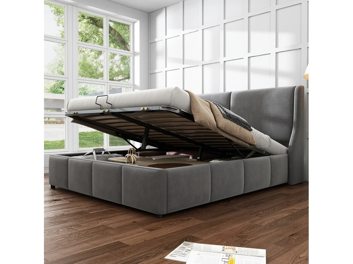Cama Tapizada,forma De Oreja,cabecero De Almohada,cama Doble,cama Funcional Hidráulica,140 X 200,gris