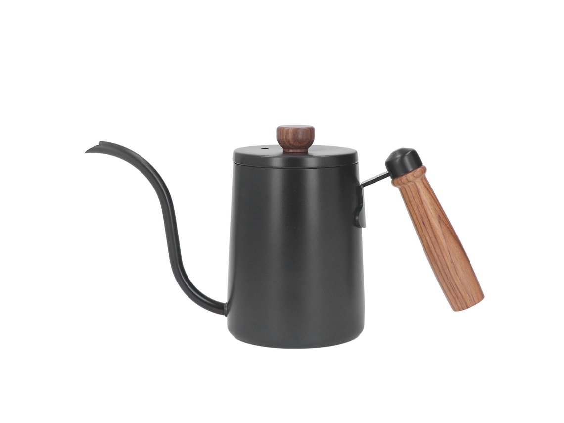 Jarra de café de 600 ml (20 oz) con pico ganso y mango de madera, color negro