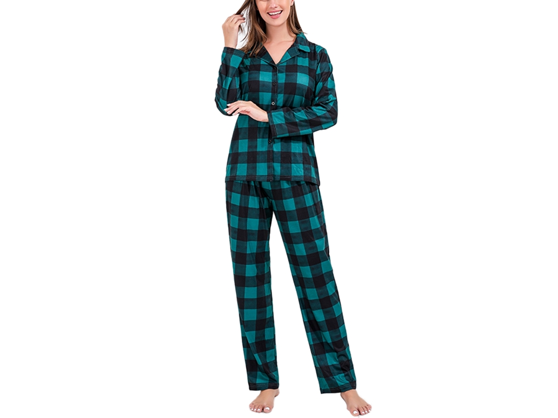2026altiro-Pijama familiar navideño con cuello bajo, mangas largas, estampado a cuadros verde oscuro, talla S para mujer