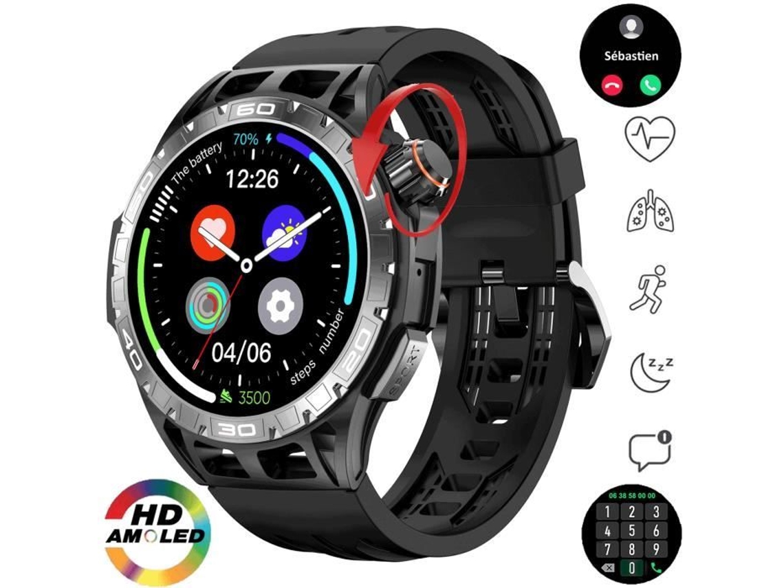 Reloj inteligente militar AMOLED 1,43 llamada Bluetooth corona gigante codificada marco de acero pantalla fotoeléctrica de espera 400Mah