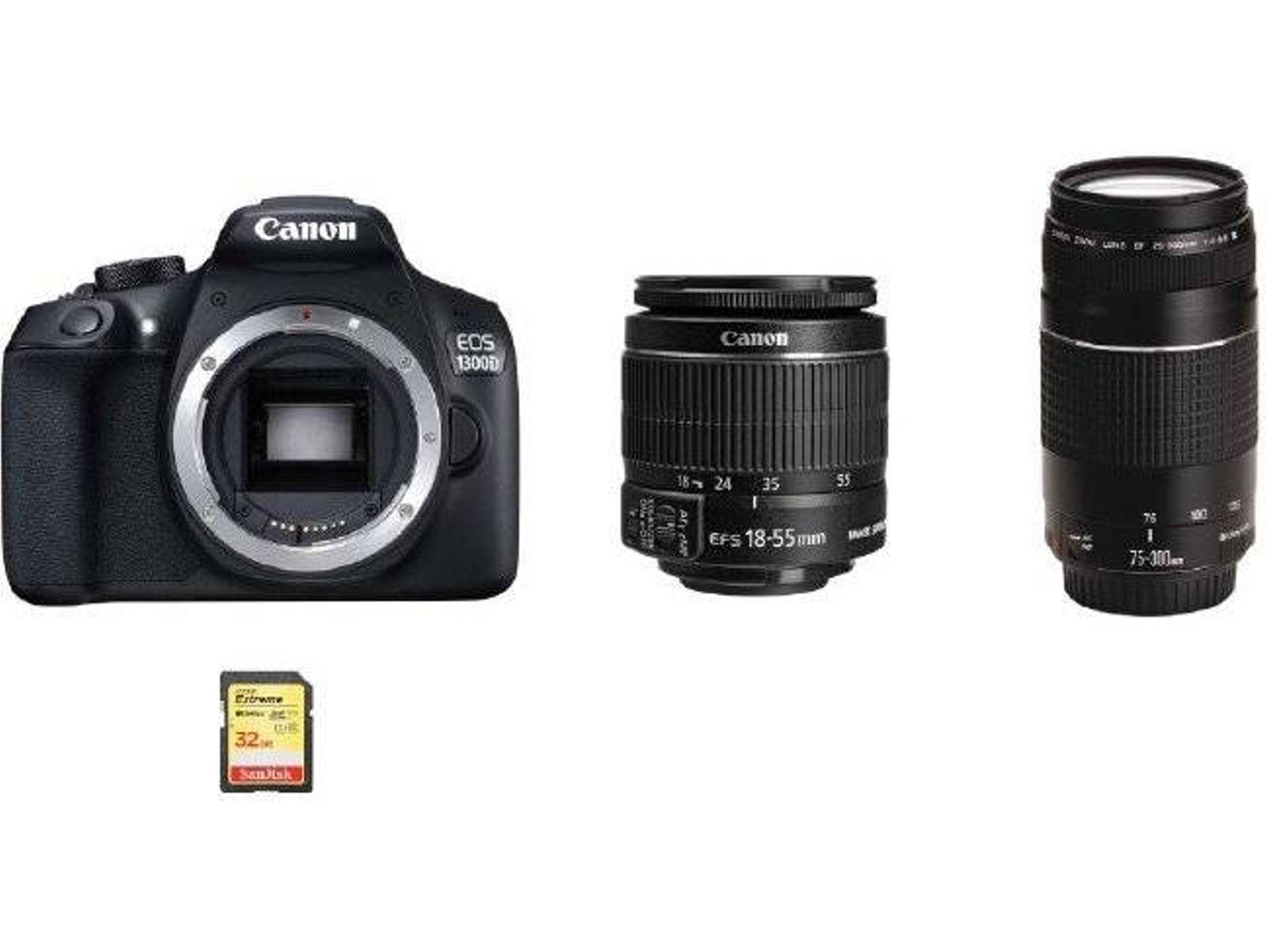Kit Cámara Réflex CANON EOS 1300D EF-S 18-55mm F3.5-5.6 IS II + EF 75-300mm F4-5.6 III + SD 32GB