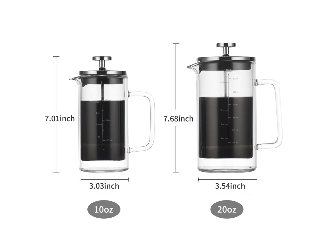 Cafetera de émbolo francesa de 591 ml (20 oz) con filtro de acero inoxidable y vidrio de borosilicato.