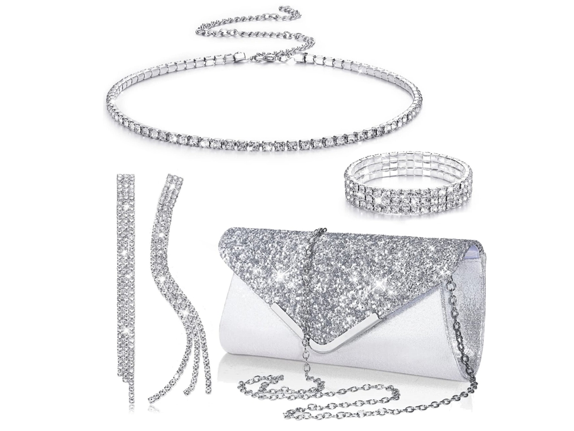 Conjunto de 4 piezas para mujer con bolso de noche con diamantes de imitación, pendientes, collar y pulsera brillante (plata) Eifson