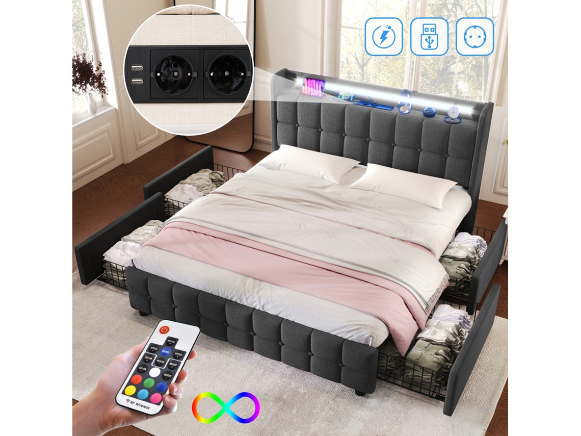 Cama Gris De 140x200 Con Iluminación Led, Puerto Usb Y Cajones.