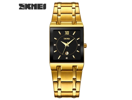 Relojes cuadrados para hombres con fecha, movimiento de cuarzo, reloj de pulsera resistente al agua, esfera negra con carcasa dorada LUUCOZK