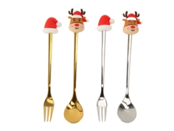 Juego de 4 piezas de cuchara y tenedor de acero inoxidable con diseño navideño de dibujos animados para el hogar y los viajes.