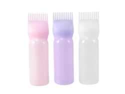 Conjunto de 3 frascos dosadores de tinta para cabelo com pente e escala graduada para coloração profissional (branco, roxo e rosa).