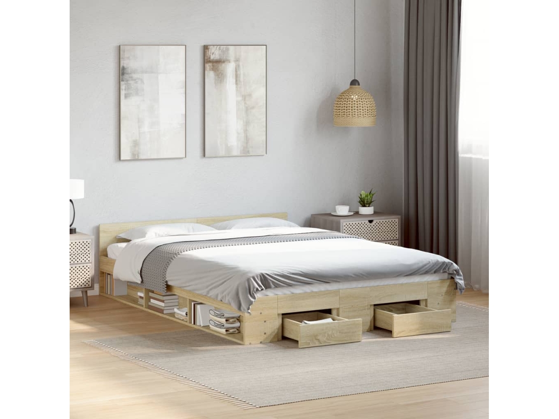 Cama Con Cajones Madera Ingeniería Roble Sonoma 150x200 Cm