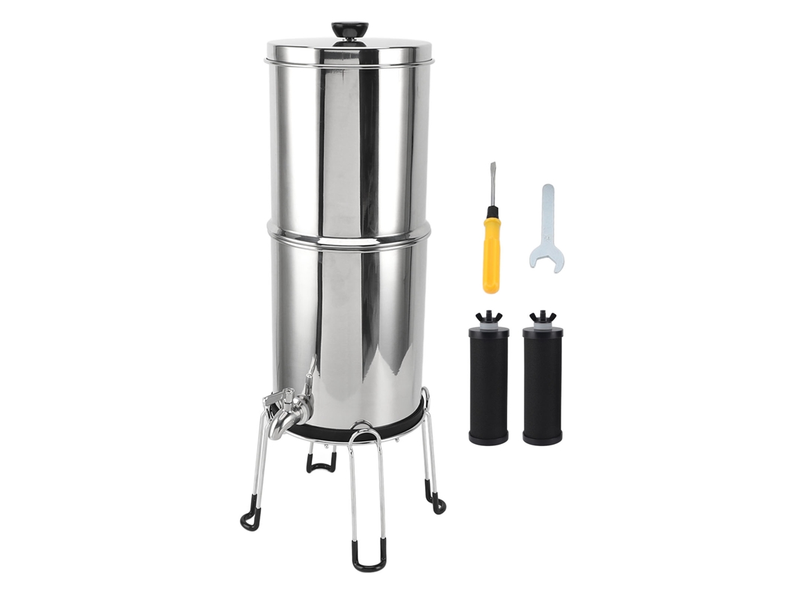Sistema de filtración por gravedad de 1.5 galones con 2 filtros, dispensador de agua de acero inoxidable y cubo para el hogar, caravana y camping.