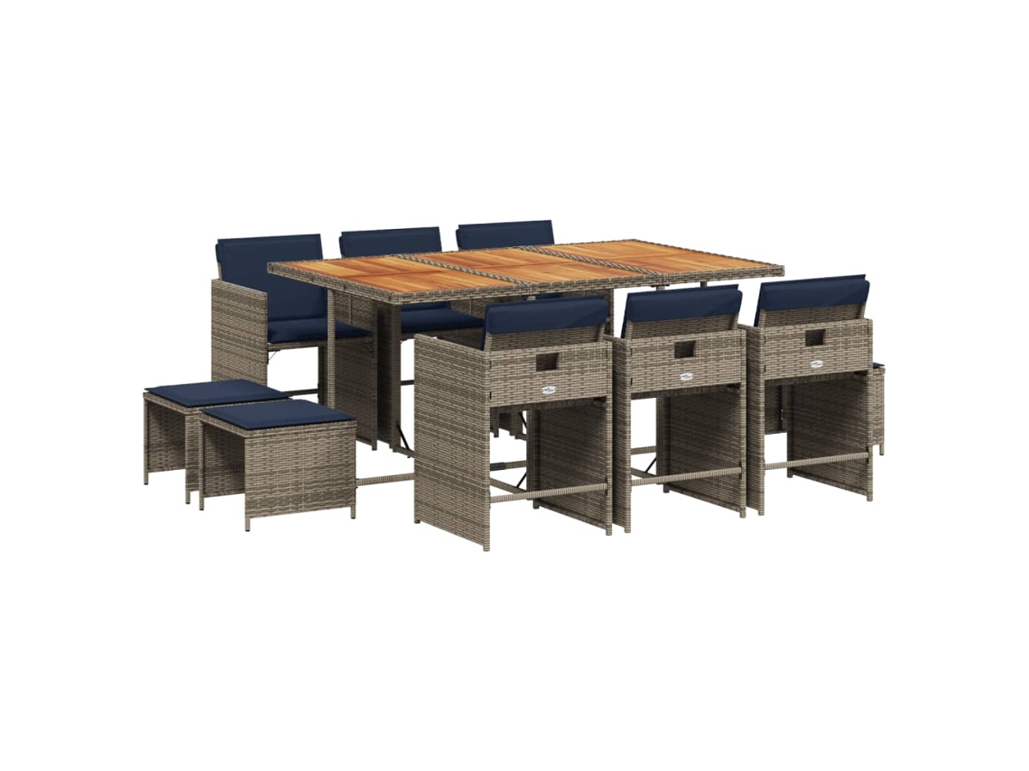 Juego de comedor de 11 piezas con cojines de ratán sintético gris. EXCLUSIVO DE MAISON.