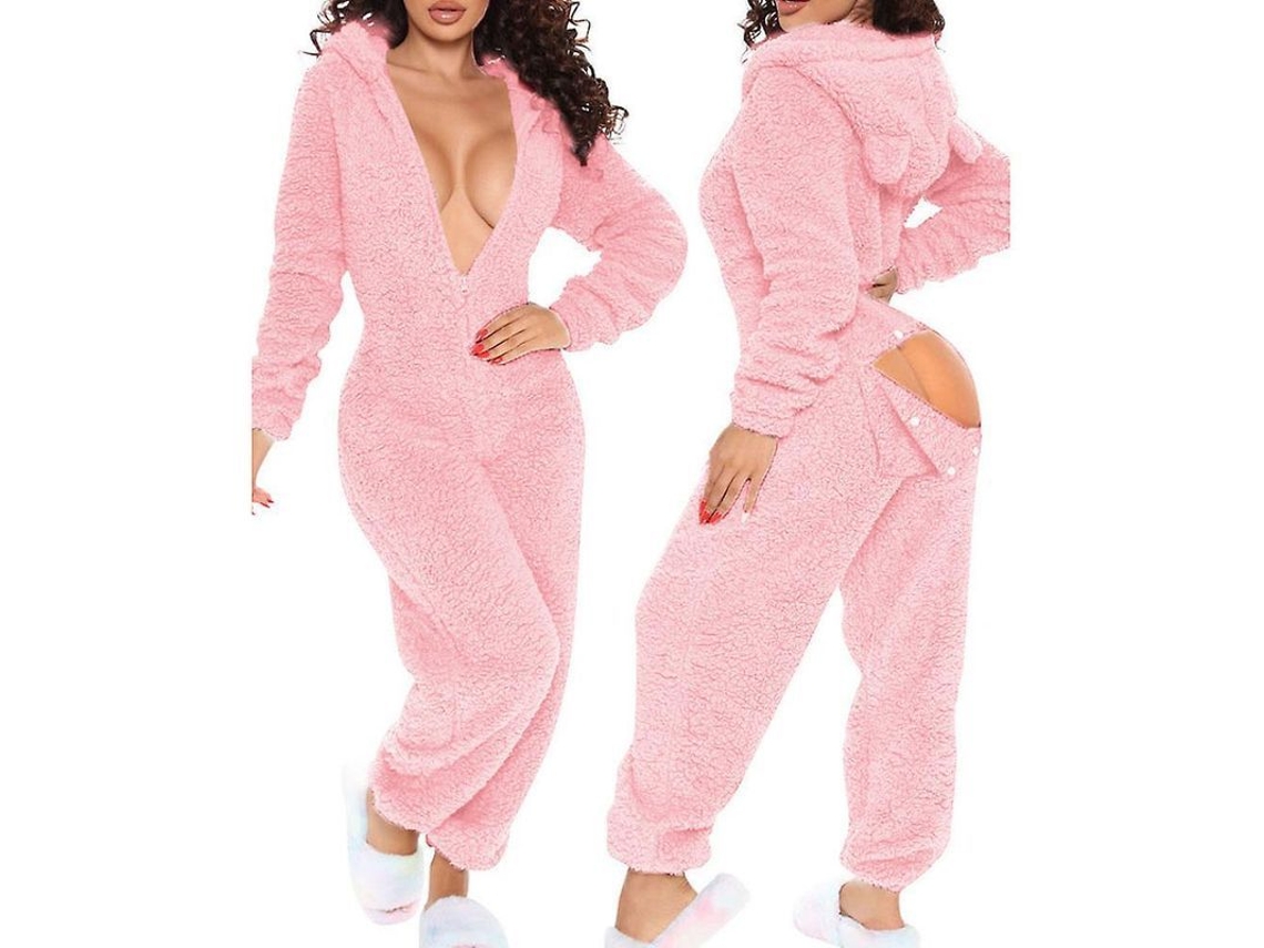 Pijama Entero De Algodón Caliente Con Cremallera Y Capucha Orejas De Gato Para Mujer S Rosa