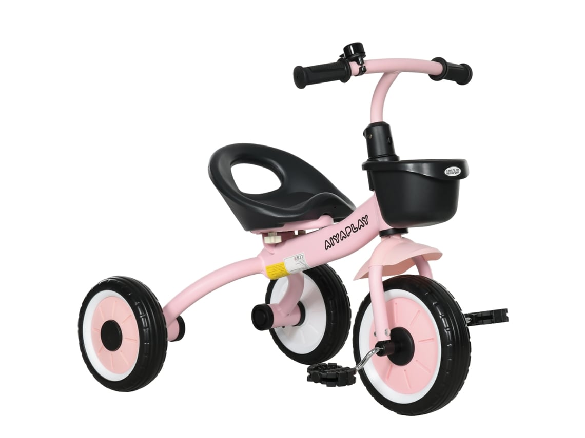 Triciclo infantil de 2 a 5 años con asiento ajustable, cesta, timbre y pedales, color rosa.