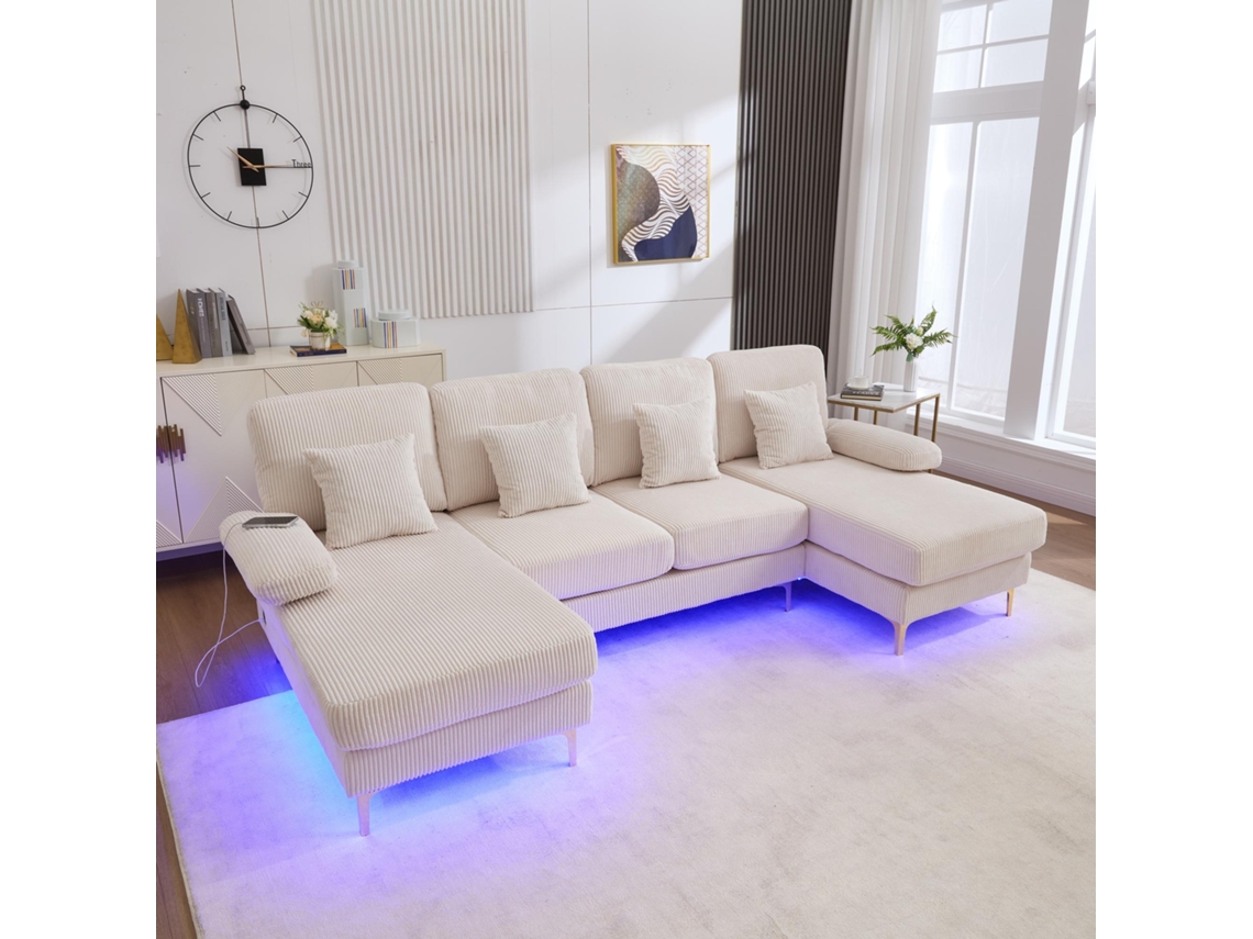 Sofá En U Moderno En Terciopelo, Iluminación Led, Puerto Usb, Estructura De Madera Maciza, 4 Cojines, Respaldo Ergonómico, Color Beige