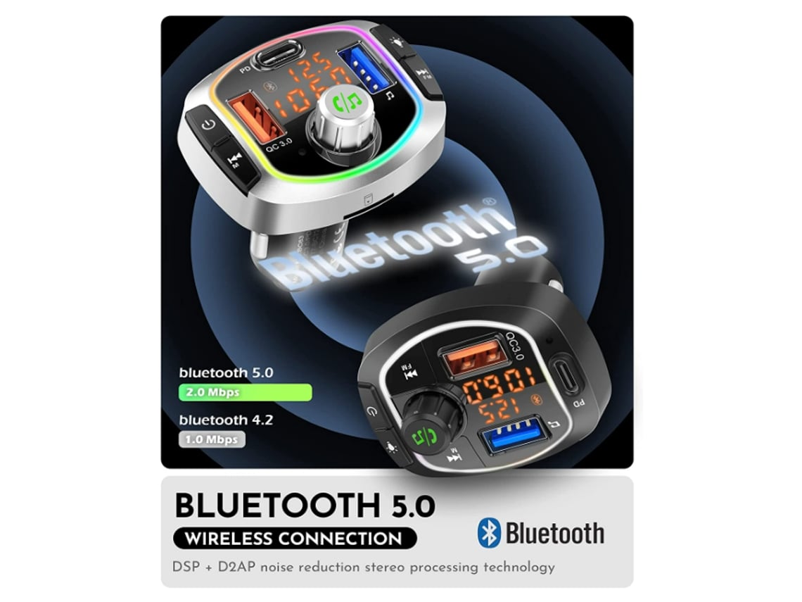 Transmisor FM Bluetooth, adaptador de coche Bluetooth V5.0, radio  Bluetooth, reproductor de MP3 QC3.0 carga rápida, llamadas manos libres, 2  modos de