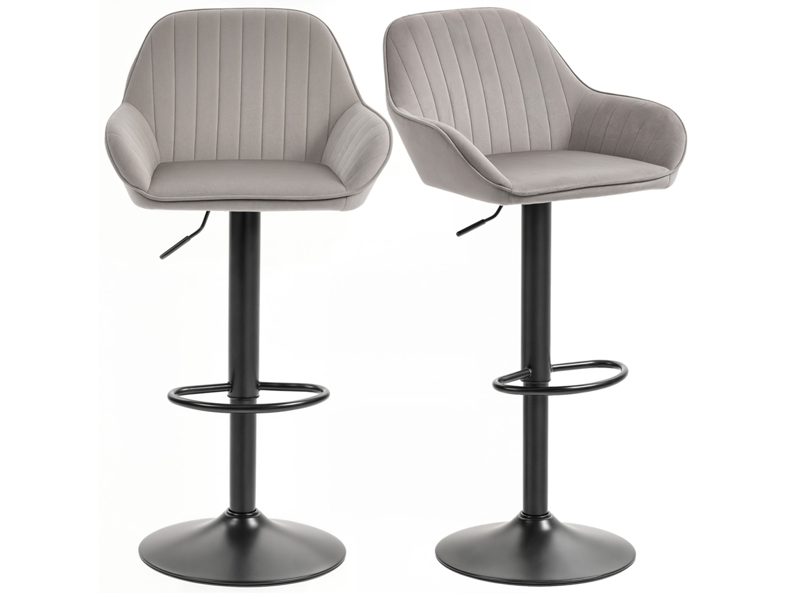Juego De 2 Taburetes De Bar De Terciopelo Con Respaldo Y Reposapiés, Altura Regulable, Giratorios, Color Gris.