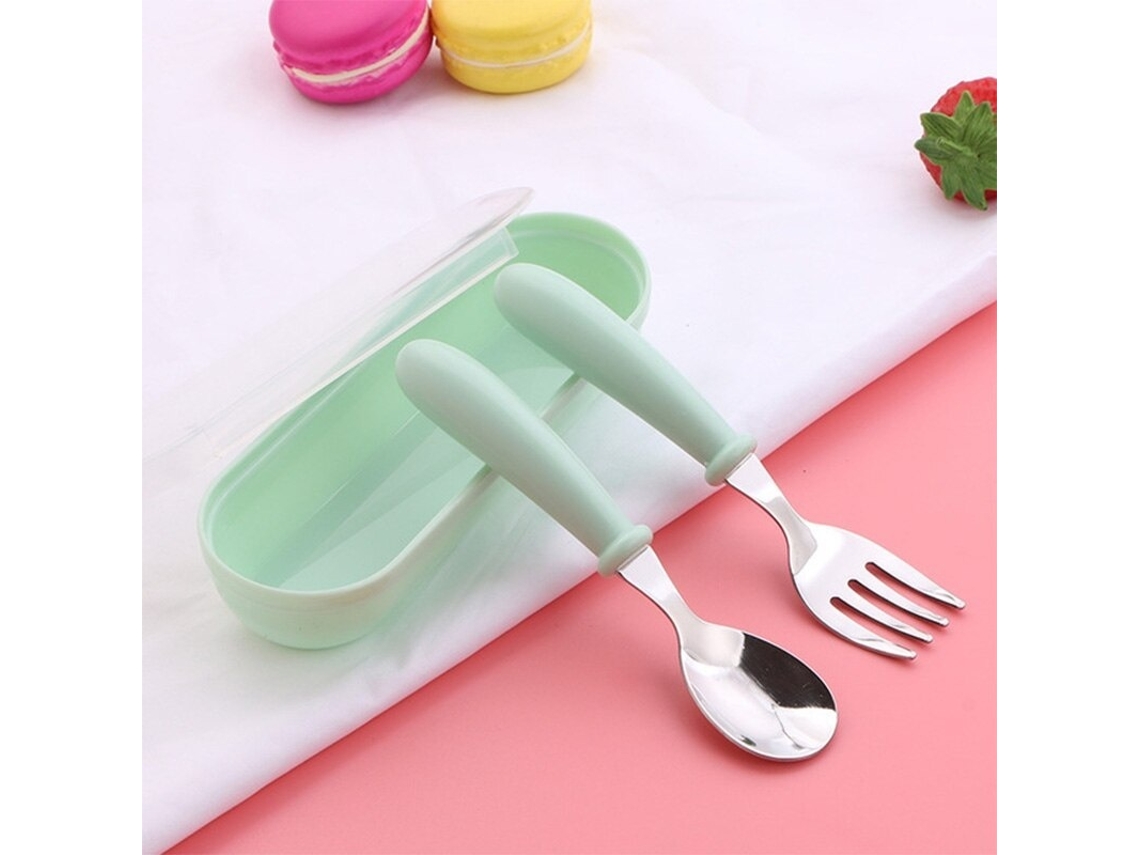 (verde) Juego De Cuchillo Y Cuchara Para Niños De Tres Piezas De Acero Inoxidable, Patrón De Dibujos Animados Portátil
