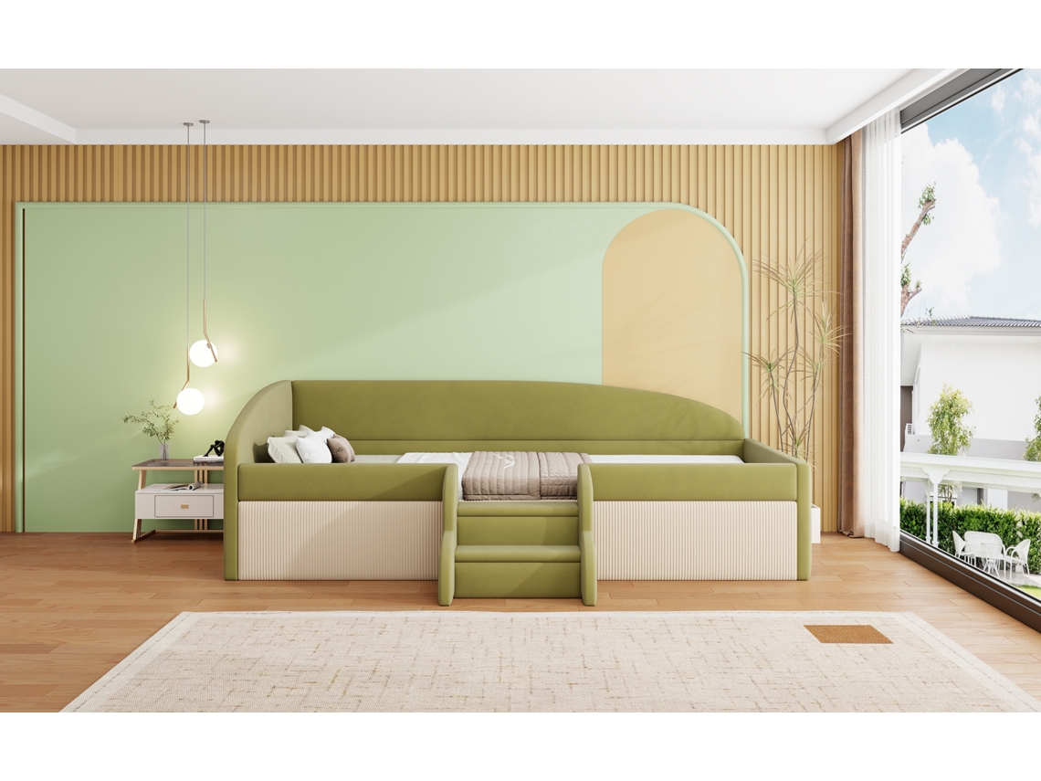 Sofá Cama De 90x190 Cm Con Escalones Y Barandillas De Seguridad, Terciopelo Verde Oscuro Y Blanco Crema, Colchón No Incluido.