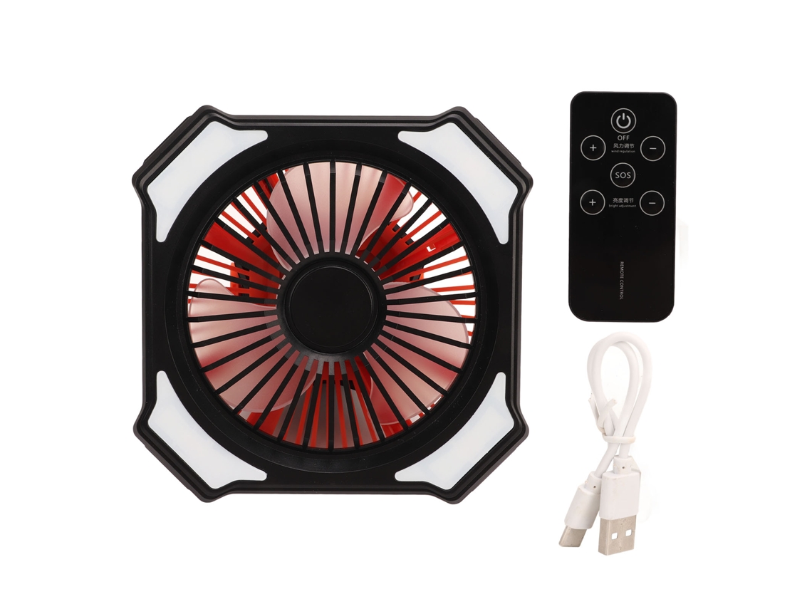 Ventilador de camping con linterna LED recargable y control remoto.