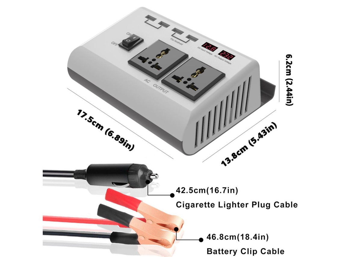 Omni-inversor De Corriente Para Coche 4 Puertos Usb 2.1a 2 Salidas Ac Convertidor Dc12v A Ac220v Cable 42.4cm Blanco