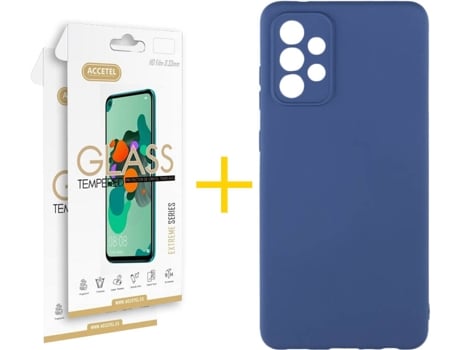 Carcasa y 2 Protectores de Pantalla de Vidrio Samsung A72 5G ACCETEL Silicona Líquida Azul