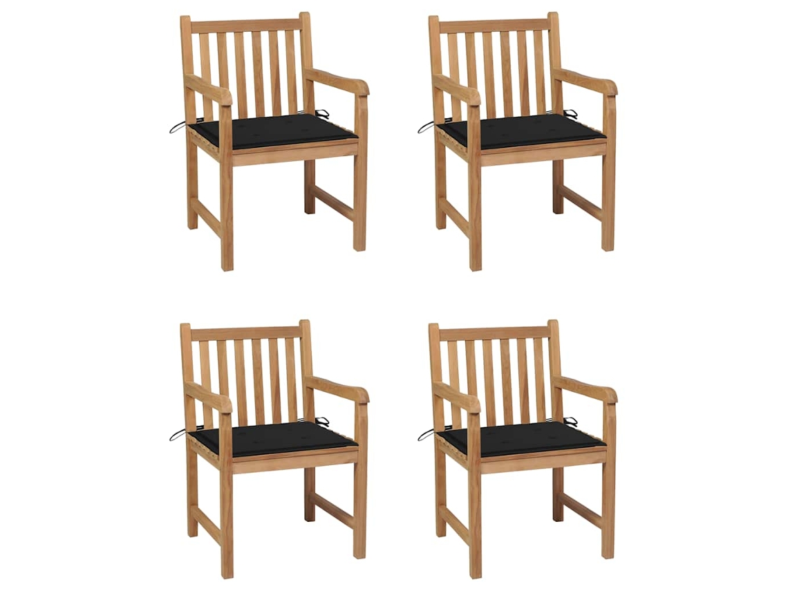 Sillas de jardín con cojines negros, 4 piezas, teca maciza, DKD HOME DECOR