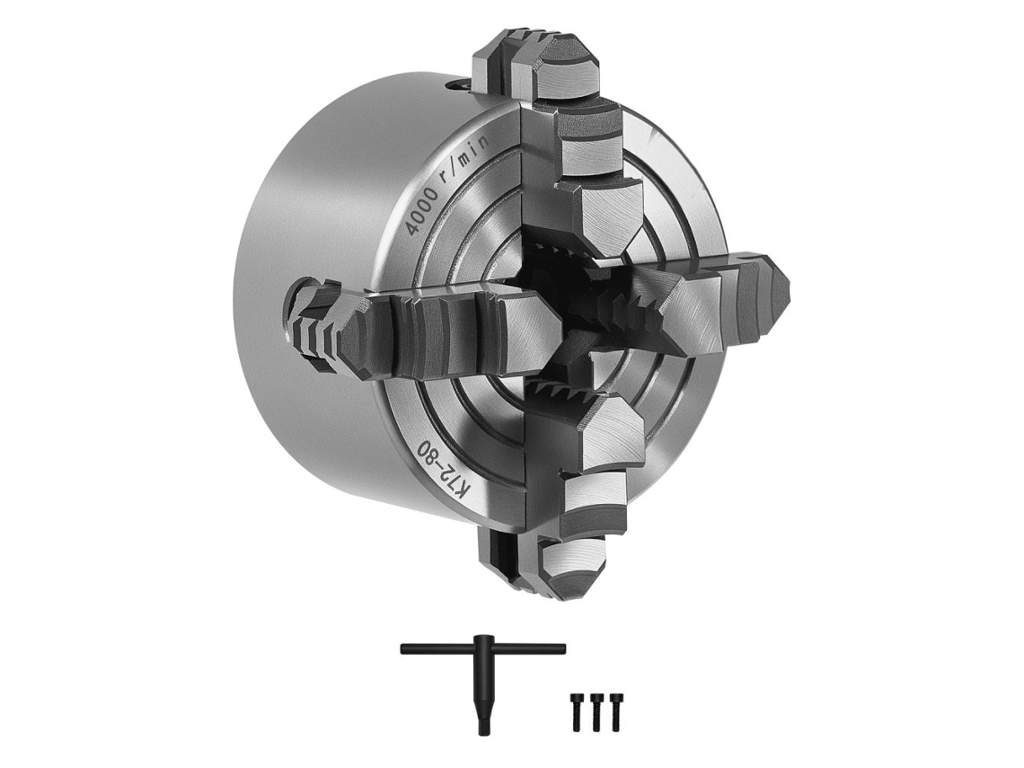 Mandril autocentrante de 4 garras de 80 mm, fabricado en fundición de hierro, para montaje en interiores y exteriores. Tekmaquinas