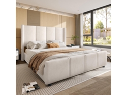 Estructura De Cama Moderna 140x200 Cm - Cabecero Y Pies Altos, Usb Certificado, Estructura De Hierro Y Madera - Beige
