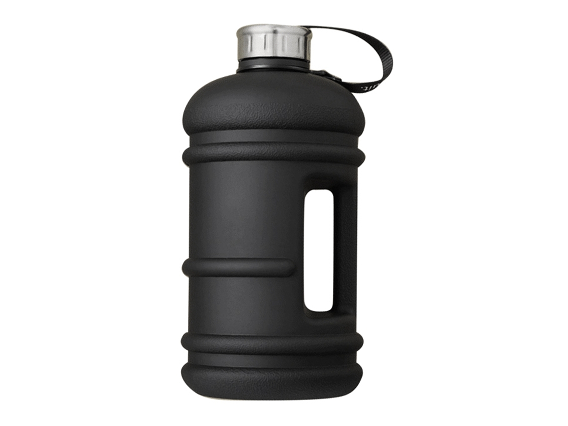 Botella de agua de plástico grande de 2,2 L para fitness y actividades al aire libre, color negro.