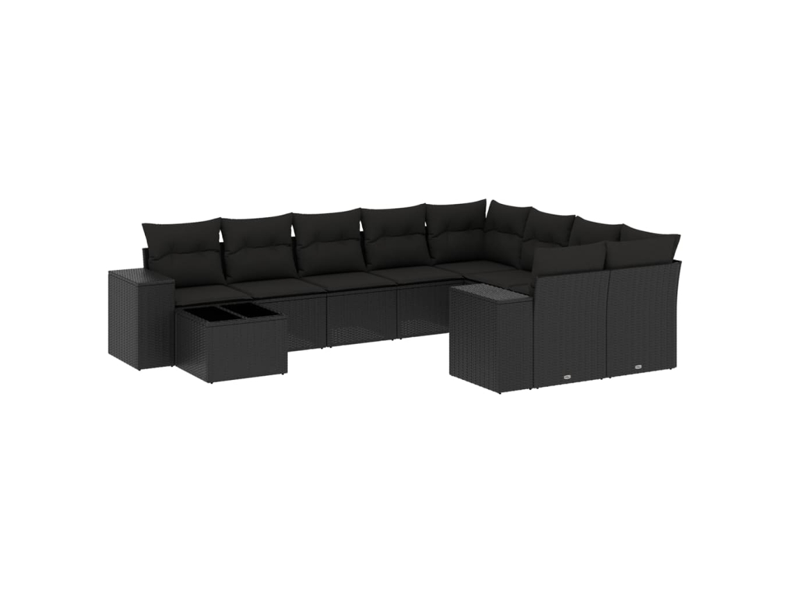 Conjunto de 10 sofás de jardín con cojines, mimbre, negro, EXCLUSIVO DE LA CASA