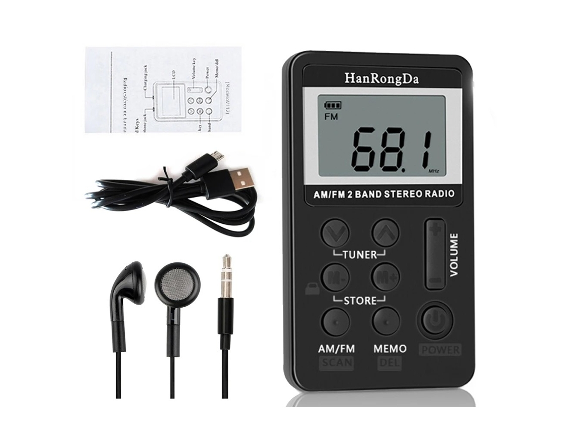 Radio portátil Mdug con batería recargable, receptor estéreo AM/FM con auriculares y pantalla LCD (negro)