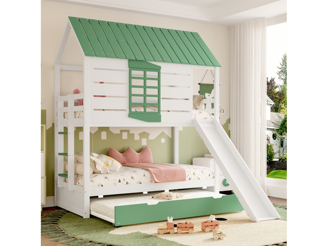 Litera De 90x200 Con Tobogán Plegable, Blanca Y Verde.
