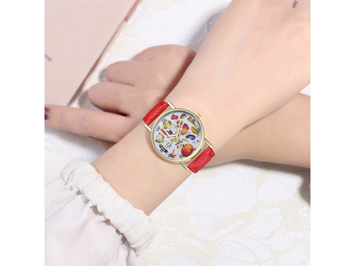 Reloj De Pulsera Unisex De Moda Con Correa De Cuero Sintético Y Diseño De Fruta Roja.