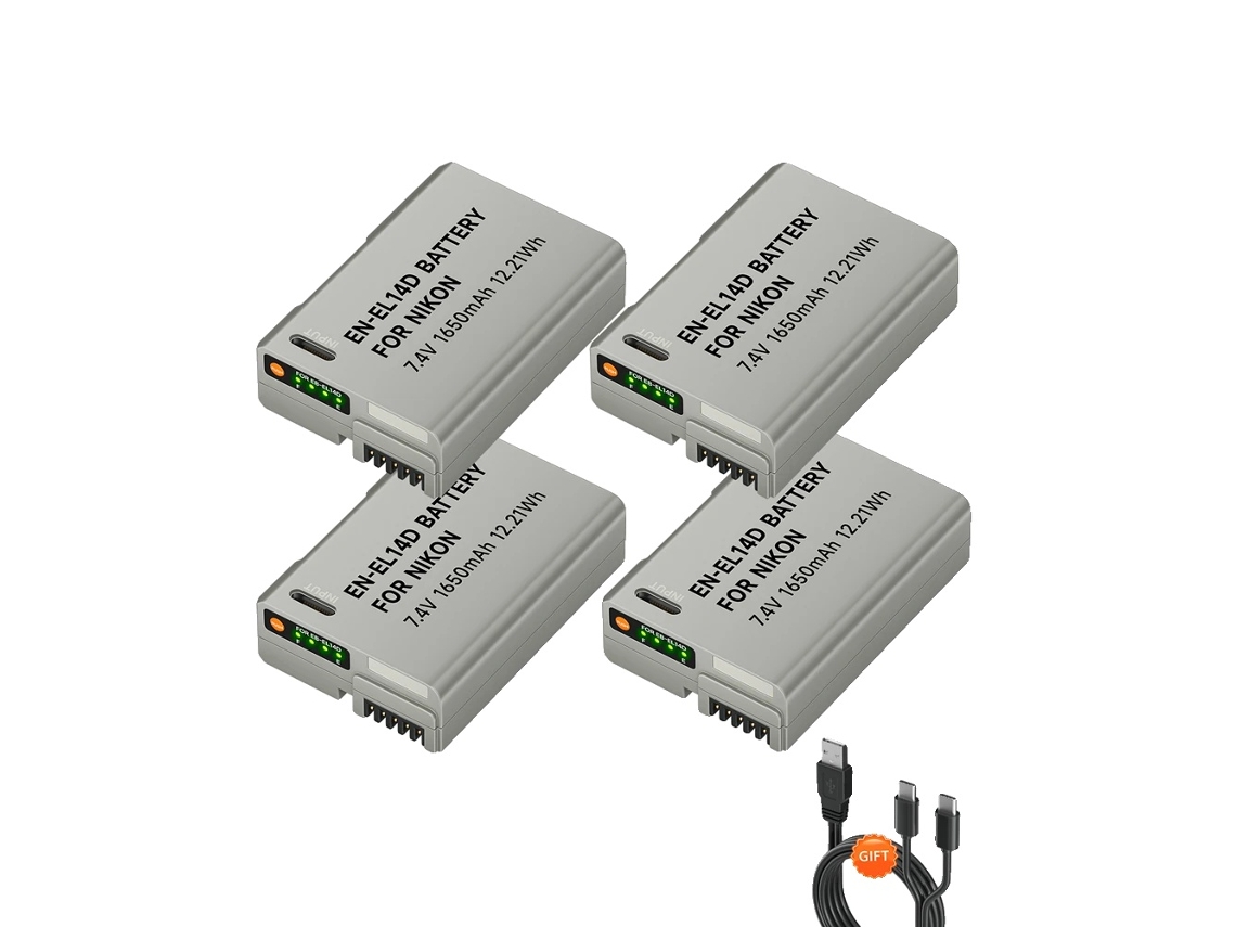 Batería de repuesto Nikon EN-EL14, capacidad de 1650 mAh, carga USB-C, 4 baterías OEM