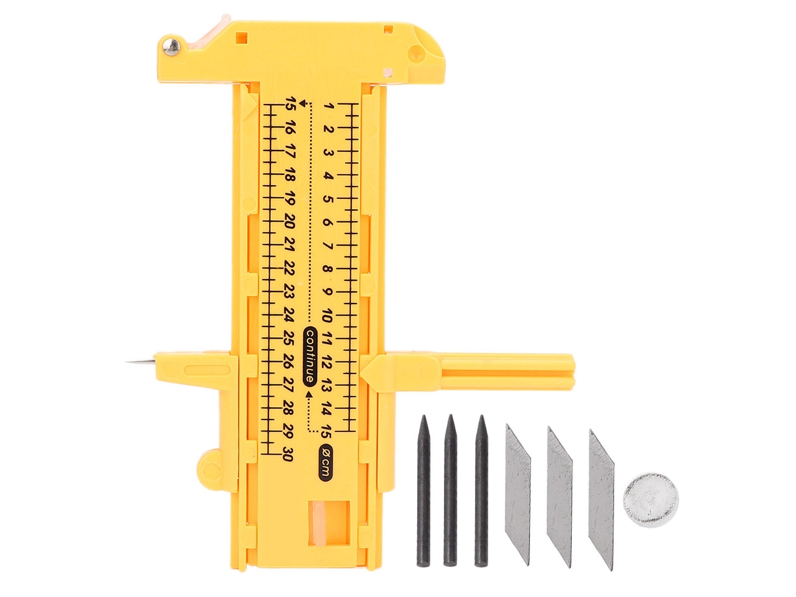 Compás ajustable y cortador circular de 10-300 mm en plástico amarillo para dibujo y artes plásticas.