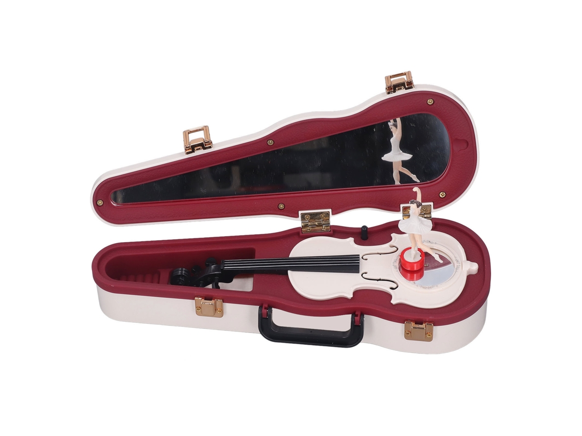 Pequeña caja de música Baok con forma de violín clásico y una bailarina giratoria, ideal para decorar mesas blancas.